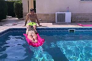 neighbor's hot milf bent over poolside taking it doggy deep in her juicy wet pussy