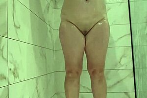 jurels' fat chubby wife spreads shaved pussy and natural tits in hot shower!