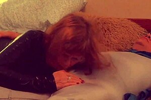 Granny Catwoman in stockings sucks moaning Batman's cock close-up