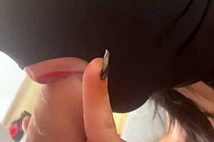 Red lipstick milf blows huge cock then takes hardcore doggy in fishnet lingerie facial?