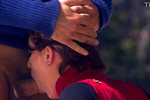 Brunette milf Eve Lawrence rides monster cock outdoors on snowy bed romp