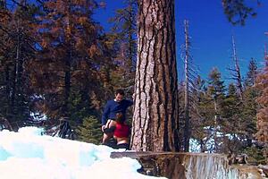 Brunette milf Eve Lawrence rides monster cock outdoors on snowy bed romp