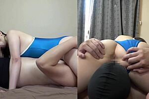 japanese milf wears daughter school swimsuit big tits oiled