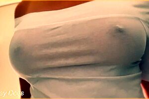 Wife teases voyeurs by flashing her amazing braless tits through wet shirt.