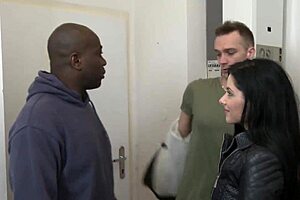 Dark Haired Babe In Red Lace Rides Big Black Monster While Man Licks Pussy