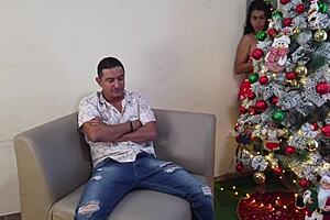 oops caught stepdad jerkin it on christmas now busty stepdaughter's ridin him hard