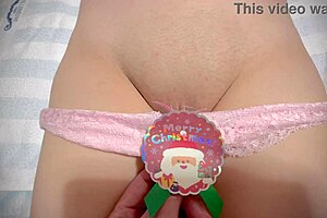 unwrapping wife's shaved virgin pussy closeup on christmas first time
