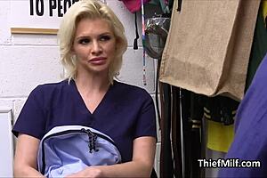 Security officer catches busty nurse stealing meds in hospital office, leading to intense confrontation at work