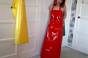 Squirting PVC apron fetish slut fingers shaved pussy to explosion!