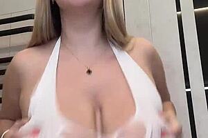 milf wife with huge saggy tits licks nipples for two cocks now