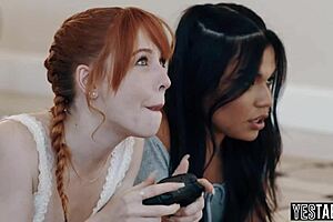 stepdads relentlessly pound teen gamer girls in intense anal foursome orgy