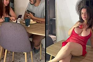 Real mature and young latina feast on cock at breakfast table... hairy curves shaking