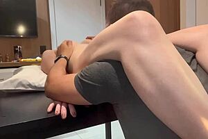 Skinny brazilian wife moans loud on table as hubby licks juicy pussy then creampies her wet hole