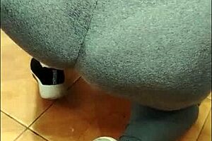 madrasta's see-through legging clings to her big tits ass while cleaning, voyeur milf flashing panties in kitchen