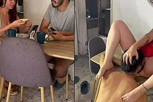 Real mature and young latina feast on cock at breakfast table... hairy curves shaking