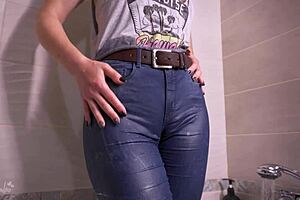 Wet Camel Toe Tease in Tight Blue Jeans Poolside