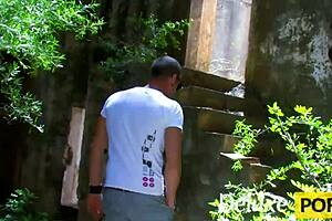 big tits tattooed brunette damaris bends over doggystyle in forest nature fuck