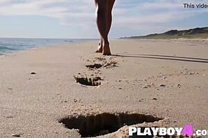 adorable petite european brunette milf strips lingerie on beach revealing big ass and naked body