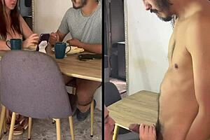 Real mature and young latina feast on cock at breakfast table... hairy curves shaking