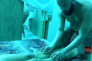 skinny brunette milf gets tantric massage on bed spreading narrow ass for cute short hair pleasure