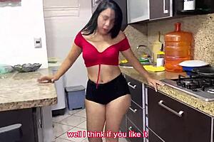love watching my curvy latina stepmom's huge ass cooking in leggings