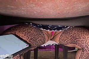 wanna control her remote vibrator till she pees and squirts under the camping table?