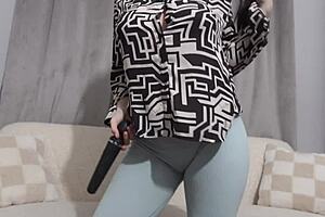 My latina milf girlfriend feels the heat showing big ass cameltoe in blue leggings before vibrator ecstasy