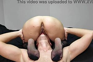 curvy milf in stockings smothers husband's face with juicy shaved pussy during intense facesitting ride