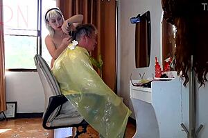 shocked client sees nude apron hairdresser at nudist barbershop cam