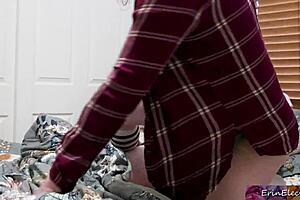 blonde chubby stepmom caught rubbing pussy rides stepson's cock cowgirl to squirting creampie