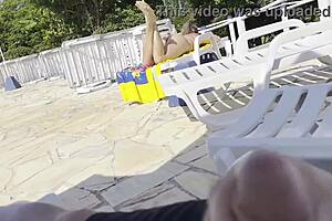 i was jerking off by the pool when this big tit milf helped me explode cumshot