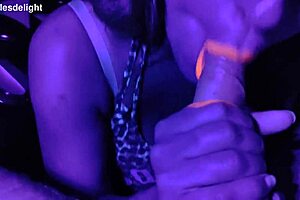 sexy fat brunette milf deepthroats cock in uv light with bright lipstick begging for more