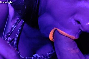 sexy fat brunette milf deepthroats cock in uv light with bright lipstick begging for more