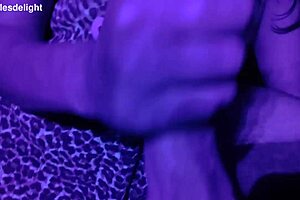 sexy fat brunette milf deepthroats cock in uv light with bright lipstick begging for more