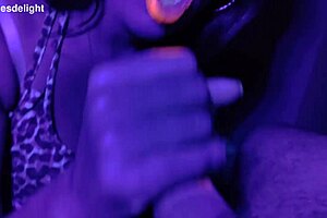 sexy fat brunette milf deepthroats cock in uv light with bright lipstick begging for more