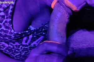sexy fat brunette milf deepthroats cock in uv light with bright lipstick begging for more