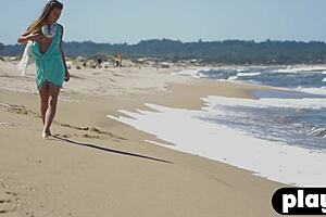 Small Tits Model Strips Naked on Beach Exposing Petite Pussy