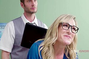 office parody turns into blonde milf group facial fucking frenzy?