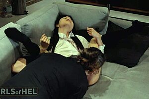 Stepfather Pounds Petite Asian Teen Student Uniform Skirt Socks Shaved Pussy on Sofa Close-Up