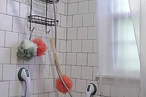 caught stepmom showering now stroking to her big natural tits