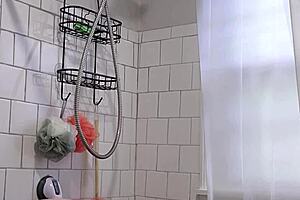 caught stepmom showering now stroking to her big natural tits