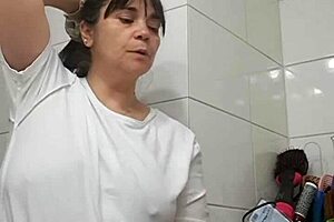 Surprise bathroom creampie fucks curvy wife big natural tits