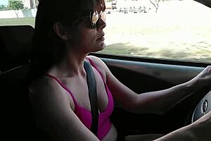 raquel asks stranger for directions then lets him grope her tits and suck his cock until he cums in her mouth