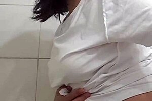 Surprise bathroom creampie fucks curvy wife big natural tits