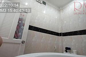 naked maid spreads juicy pussy lips in office toilet