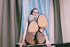 aunt in glasses fishnets teases her big clit cunt for you??