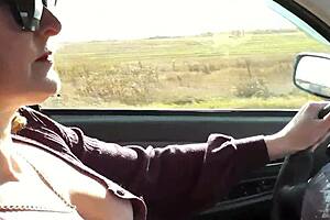 sexy blonde milf SLUT DRIVES CAR no PANTIES stockings HIGH HEELS hairy PUSSY flashing big natural TITS public