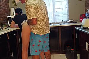 kitchen horny curvy brunette milf handjob cum on ass big pussy tattoo 🔥😈