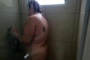 bbw latina showers puffy saggy tits after sweaty gym workout
