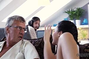 Daddy4K Girlfriend Rides Old Daddy's Cock While Boyfriend Works On Laptop